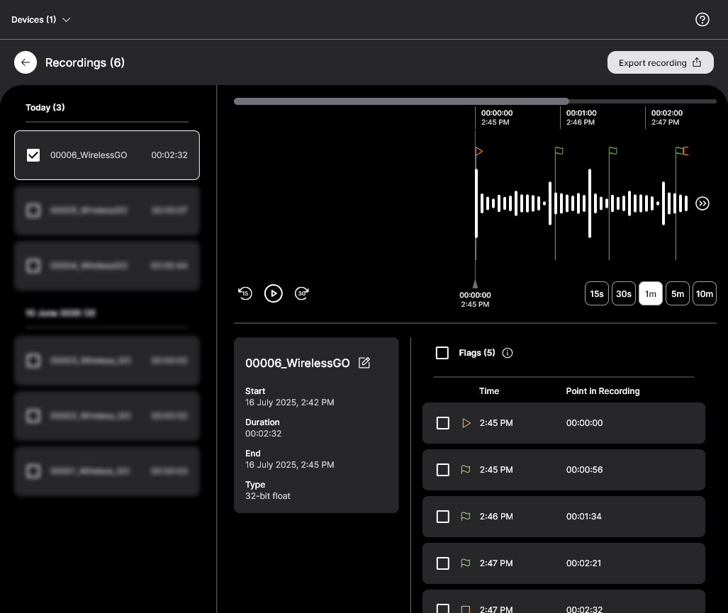 Wireless GO (Gen 3) recordings showing marker points in RØDE Central